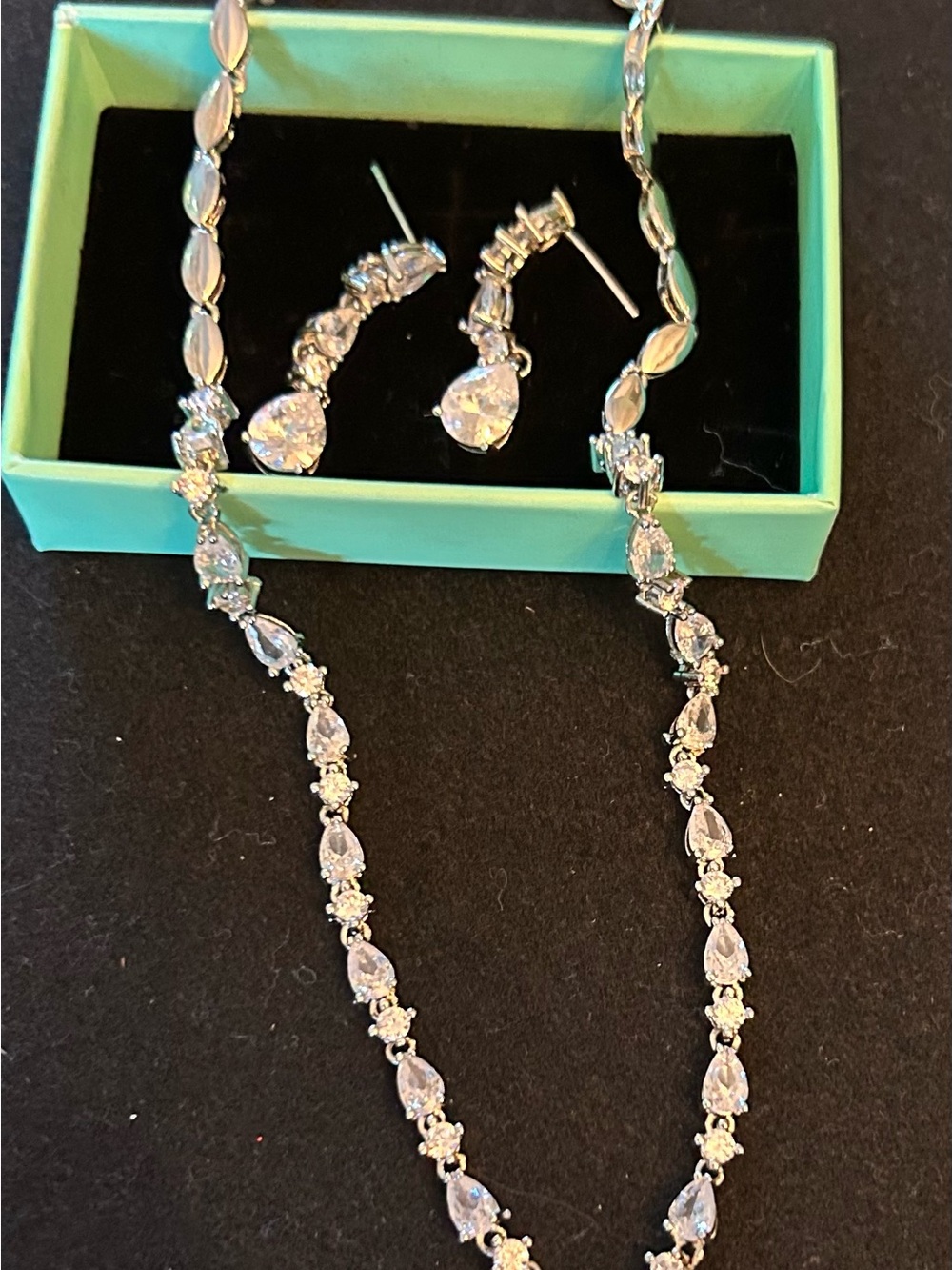 Clear Crystal Teardrop Necklace and Earrings Set - Silver Tone